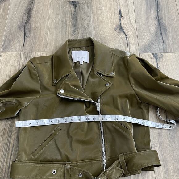 Cinq a Sept Palo Faux Leather Biker Moto Jacket Size Small Olive Green Cropped - Picture 8 of 12